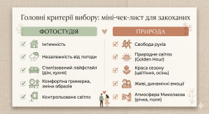 Інфографіка: міні-чек-лист для закоханих щодо вибору ідеальної локації для Love Story. Порівняння переваг фотостудії та зйомки на природі від фотографа у Миколаєві Вікторії Чистікової