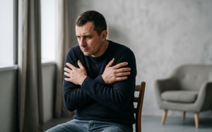 Напружений чоловік сидить на стільці зі схрещеними руками, відчуваючи дискомфорт перед початком фотосесії
