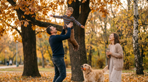 Ідея для сімейної фотосесії: тато весело підкидає сина під час прогулянки осіннім парком разом із дружиною та собакою