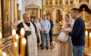 Фотограф на хрещення в Миколаєві: як підготуватися без стресу Світлий репортажний момент таїнства хрещення в церкві Миколаєва. Священник делікатно взаємодіє з родиною, пояснюючи обряд. Гості уважно спостерігають